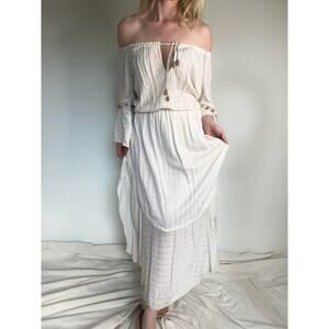 SAYLOR Grecian Goddess Ivory Gauze Off Shoulder Bell Sleeve Maxi Dress US SMALL